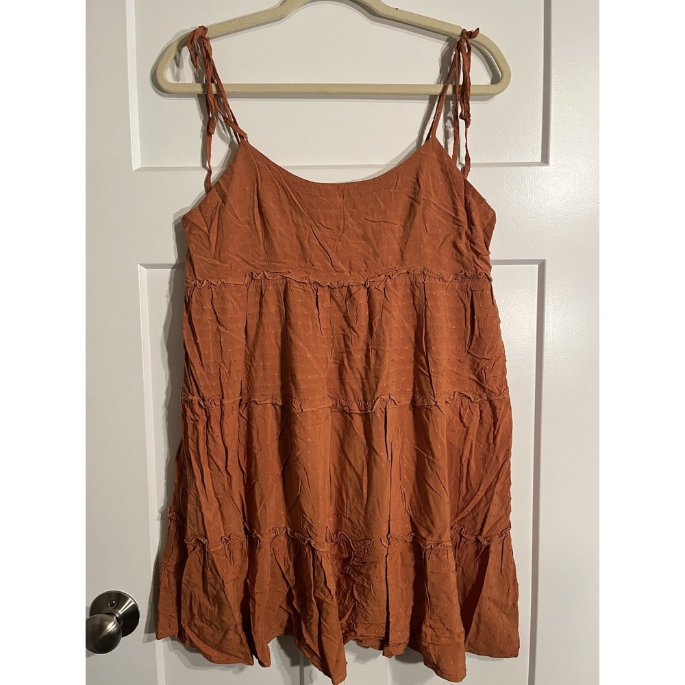 SHEIN Womens L Rust Orange Swiss Dot Tiered Mini Dress Tie Strap Smocked Boho